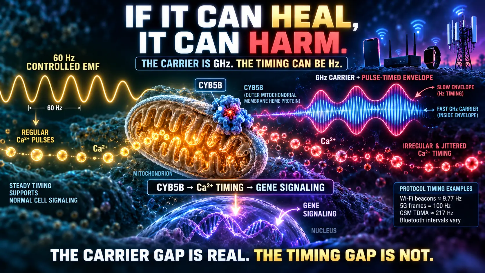 Conceptual comparison of a controlled 60 hertz field and a gigahertz wireless carrier with slower temporal envelopes, connected to a proposed CYB5B, calcium-timing and gene-signaling pathway