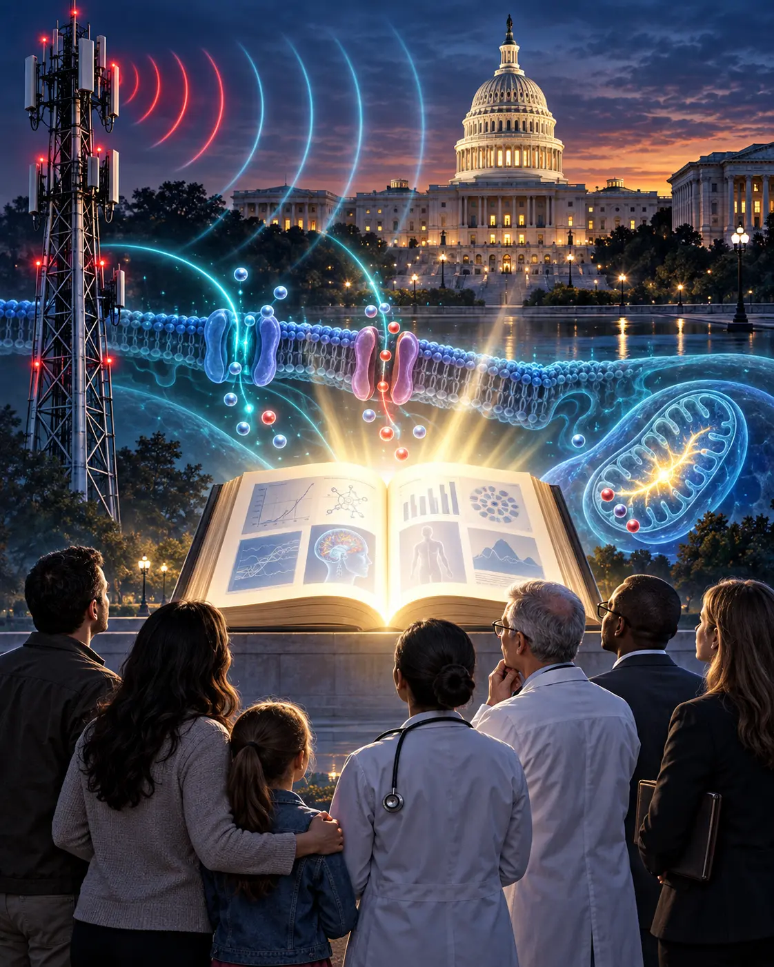 Families, clinicians and public officials facing a federal wireless-radiation health record, with a cell membrane and mitochondrion illustrated above an open evidence book